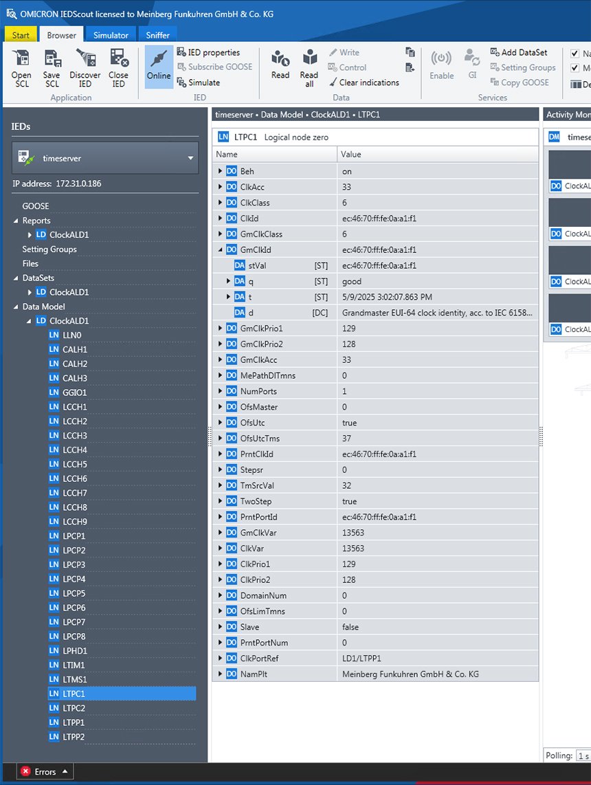 Omicron IED Scout connected as a client to Meinberg MMS Server